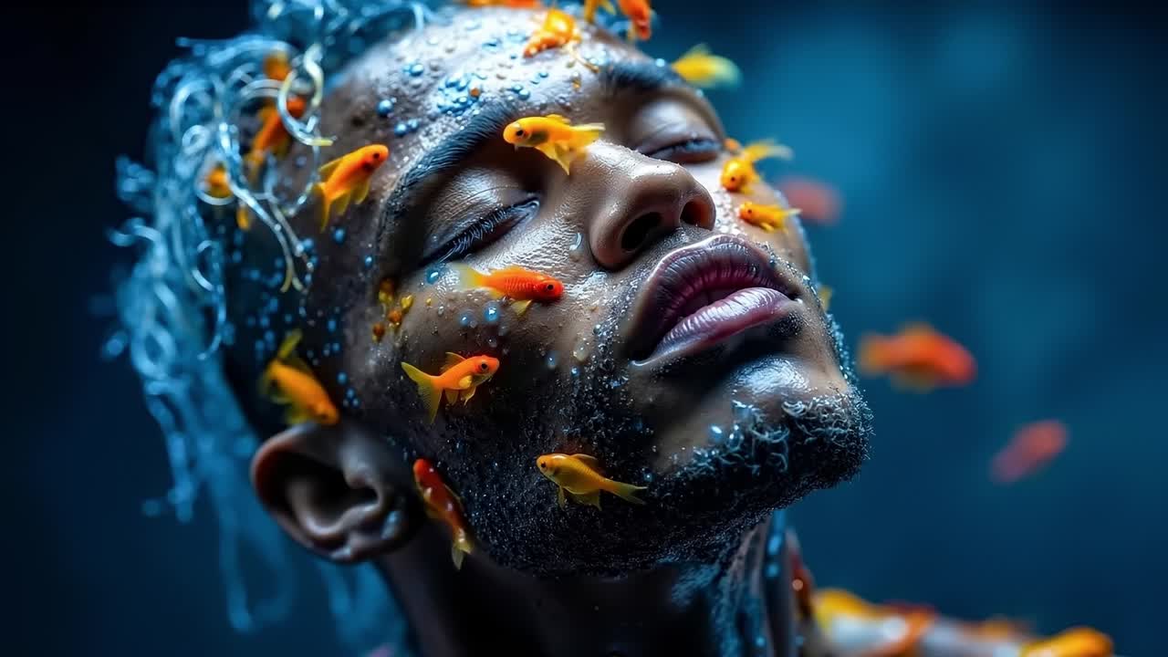 A man with goldfish swimming around his face