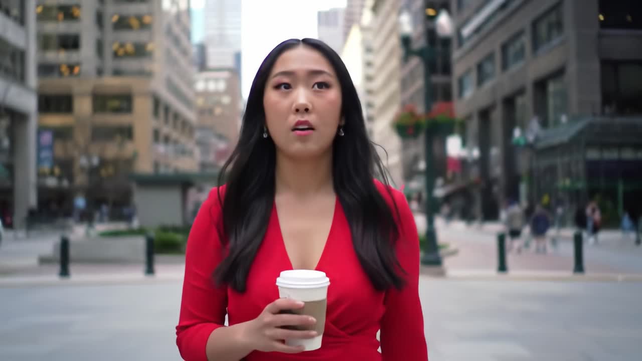A young woman wearing a striking red dress strolls through a busy downtown area, clutching a warm coffee. The urban landscape features tall buildings and pedestrians around her.