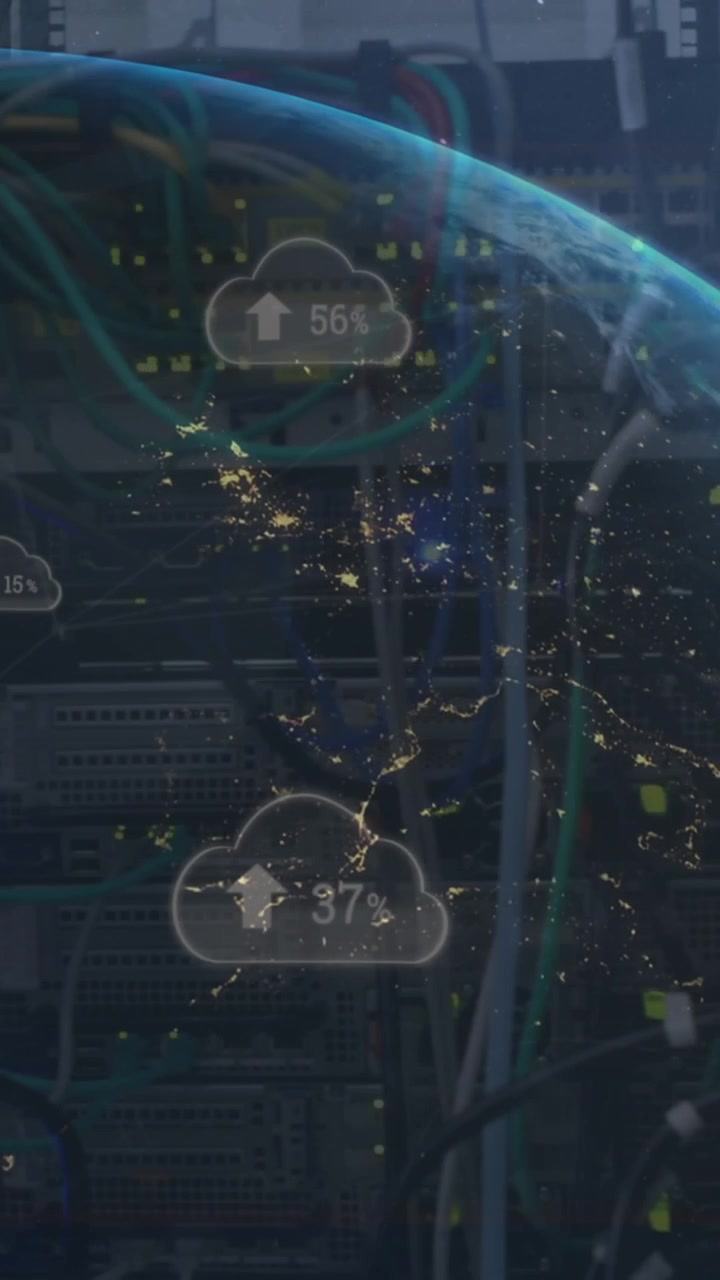 Animation of arrow and changing numbers in clouds over globe against back panel of server racks