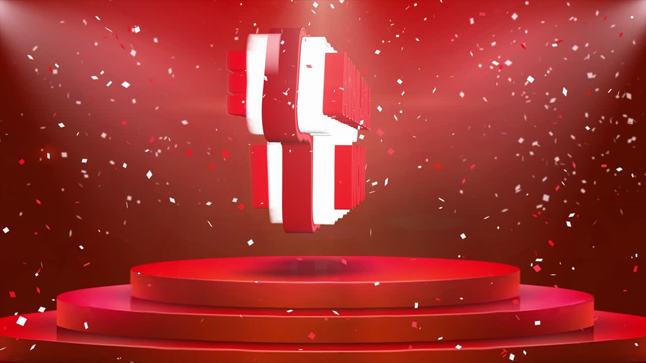 ahora está disponible la animación de texto en la alfombra del podio del escenario 3d. cortina roja reval con explosión de confeti de papel de aluminio abstracto, reflector, chispas de brillo, animación de bucle 4k.
