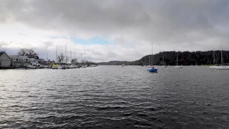 lake windermere on a cold overcast day with grey clouds and calm grey water