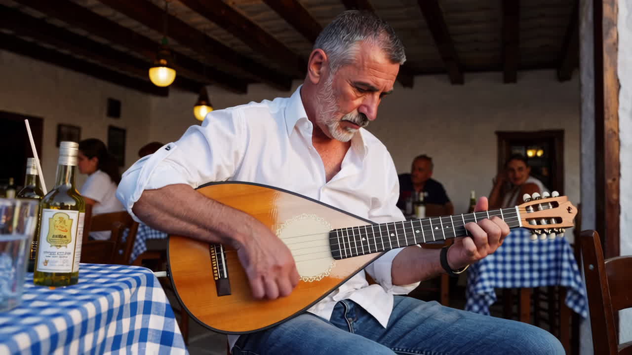 People enjoying live music and dining at a traditional Greek outdoor taverna