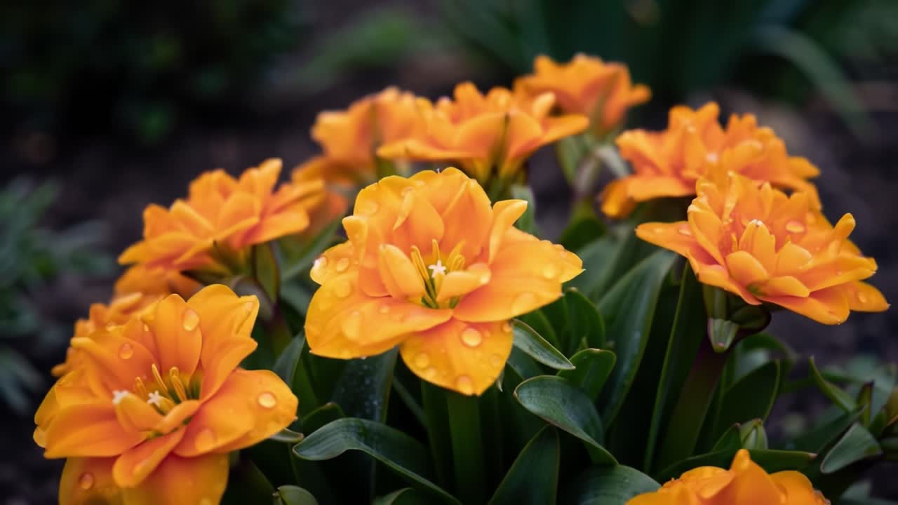 A group of orange tulips flourishes in a lush garden during spring, displaying their vibrant colors and intricate petal layers.