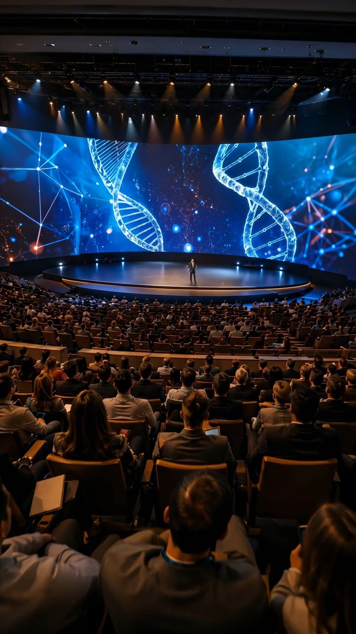Una vista ampia dell'auditorium mostra file di partecipanti che guardano il relatore sul palco centrale, mentre un enorme display curvo presenta immagini luminose del DNA, nodi connessi e motivi di luce blu a strati