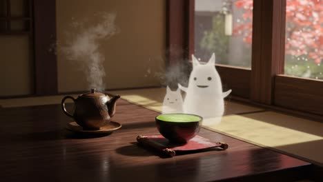 a serene tea time in an enchanted room: ethereal spirits enjoying matcha tea beside a steam-pouring teapot and lush autumn scenery through the window