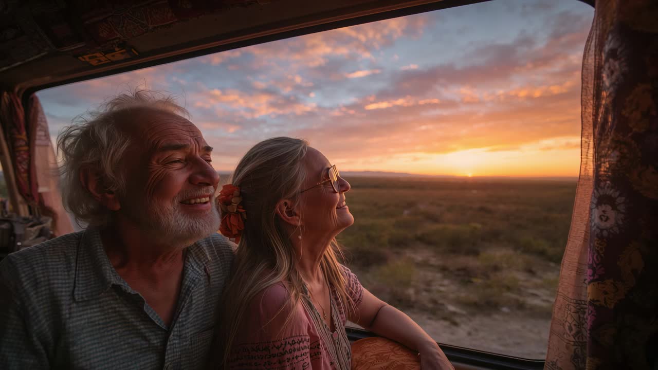 Smiling senior couple tracking descending sun across RV window during trip, with curtain, hair clip