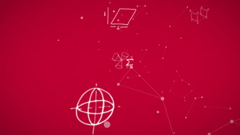 animation of abstract geometric shapes with network connections on red background