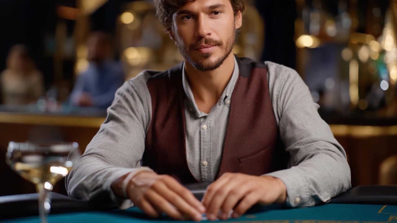 A Confident Gambler at the Casino Table, Skillfully Playing Cards While Enjoying a Classic Cocktail in a Lively Casino Environment Full of Excitement and Glamour