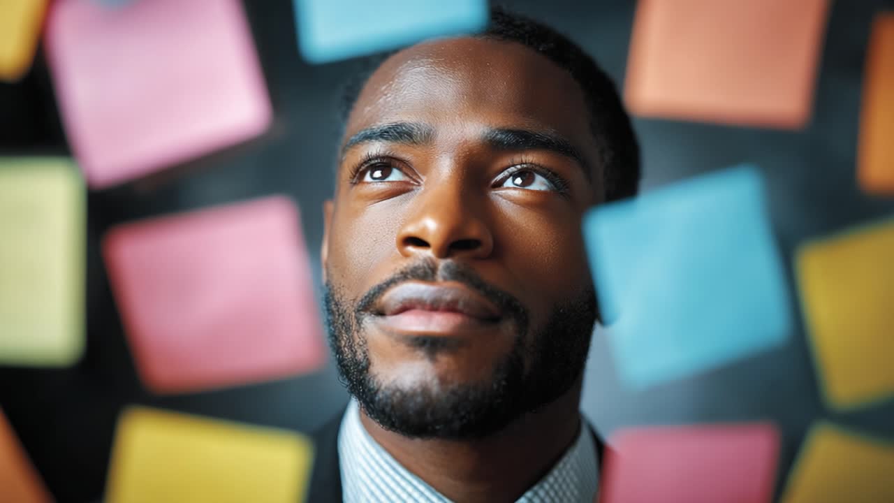 A young man gazes thoughtfully upward, surrounded by colorful sticky notes, representing creativity, inspiration, and the brainstorming process in a vibrant setting