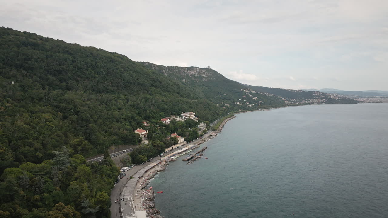 Drone cinematico 4K UHD scende sulla costa di Trieste sul Mare Adriatico, rivelando scogliere boscose, una costa curva e una strada costiera per promozioni di viaggio.