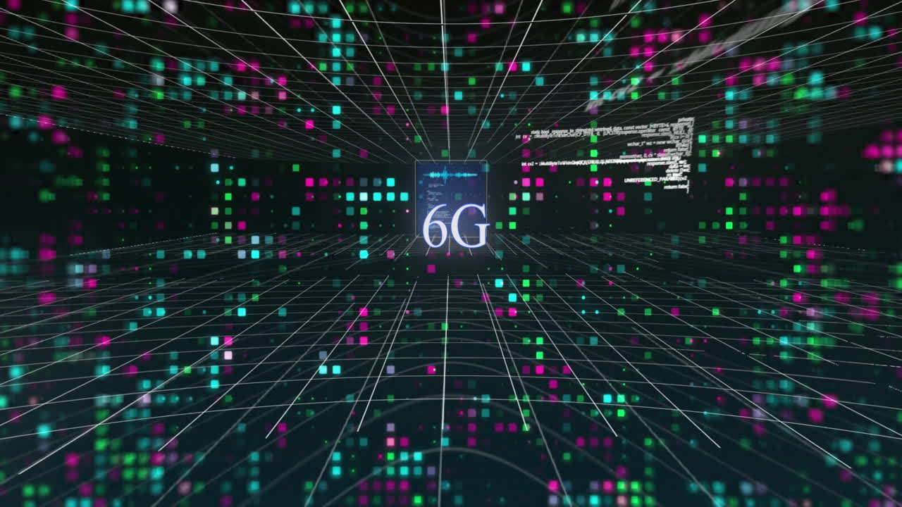 Animation of data processing over colourful light spots on black background