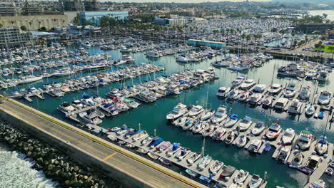 Aerial-shot-of-the-King-Harbor-Marina-on-California's-coast