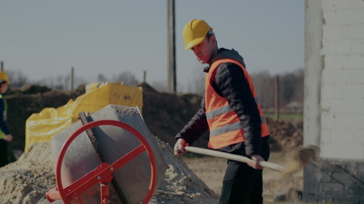 Male worker wearing reflective clothing and hardhat putting cement in mixer with shovel at construction site on sunny day