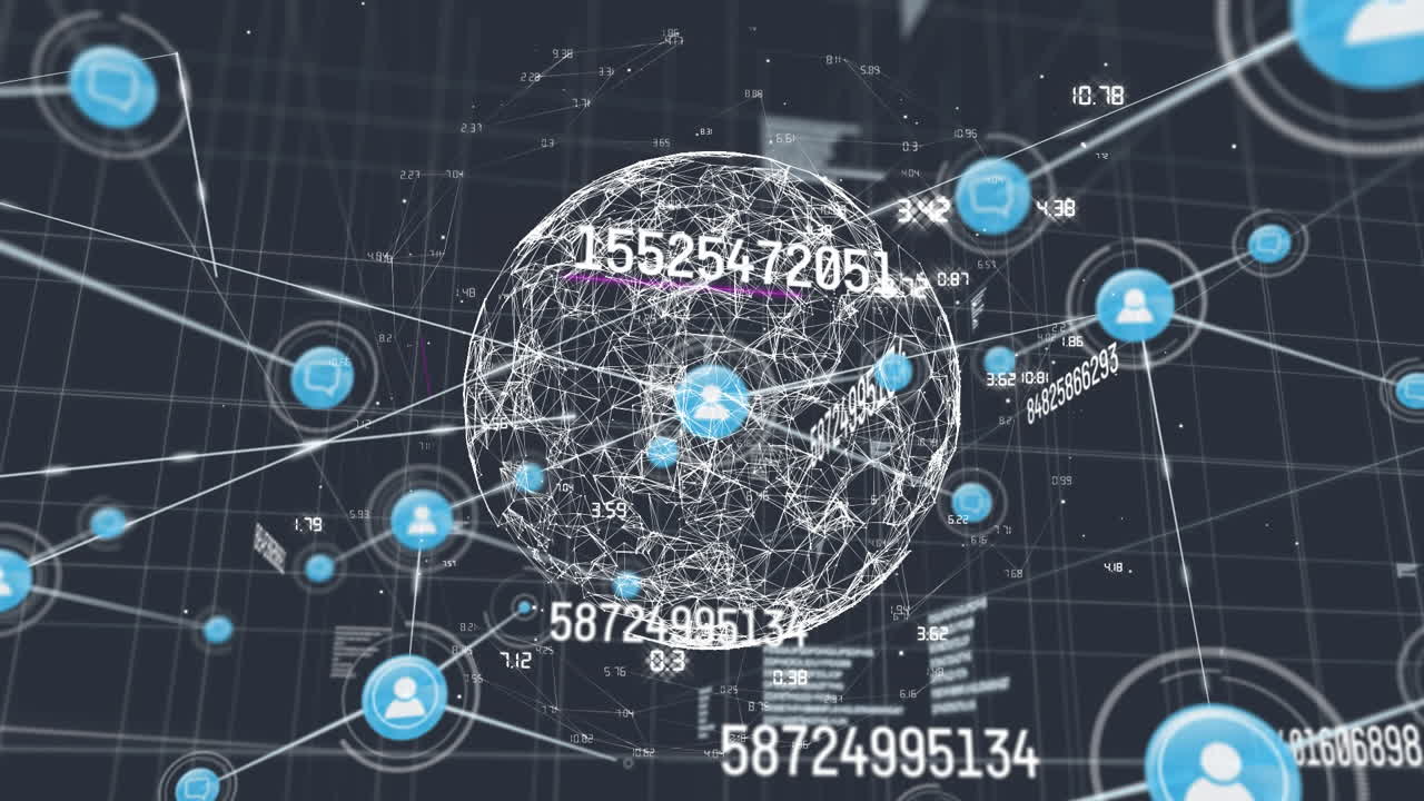 전 세계에 대한 아이콘과 검은색 배경에 대한 데이터 처리와 연결 네트워크의 애니메이션