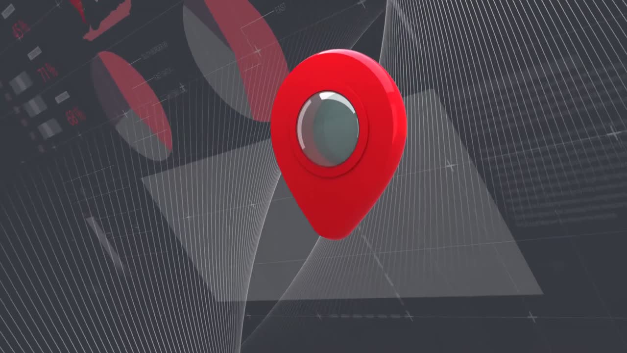 animación del pin de ubicación en rojo y las estadísticas de procesamiento de datos