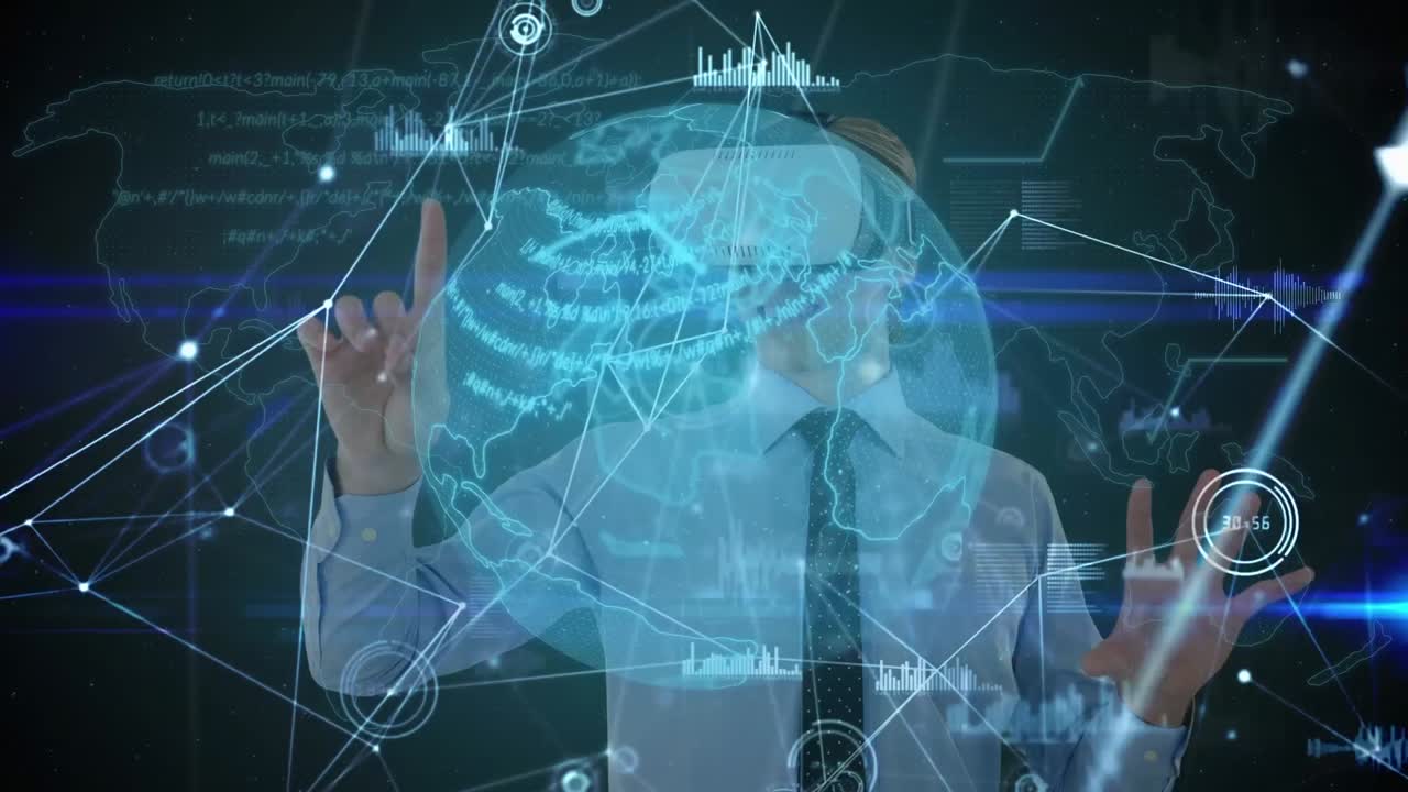 vr 헤드 ⁇ 을 착용한 백인 사업가에 대한 연결 네트워크의 지구촌의 애니메이션