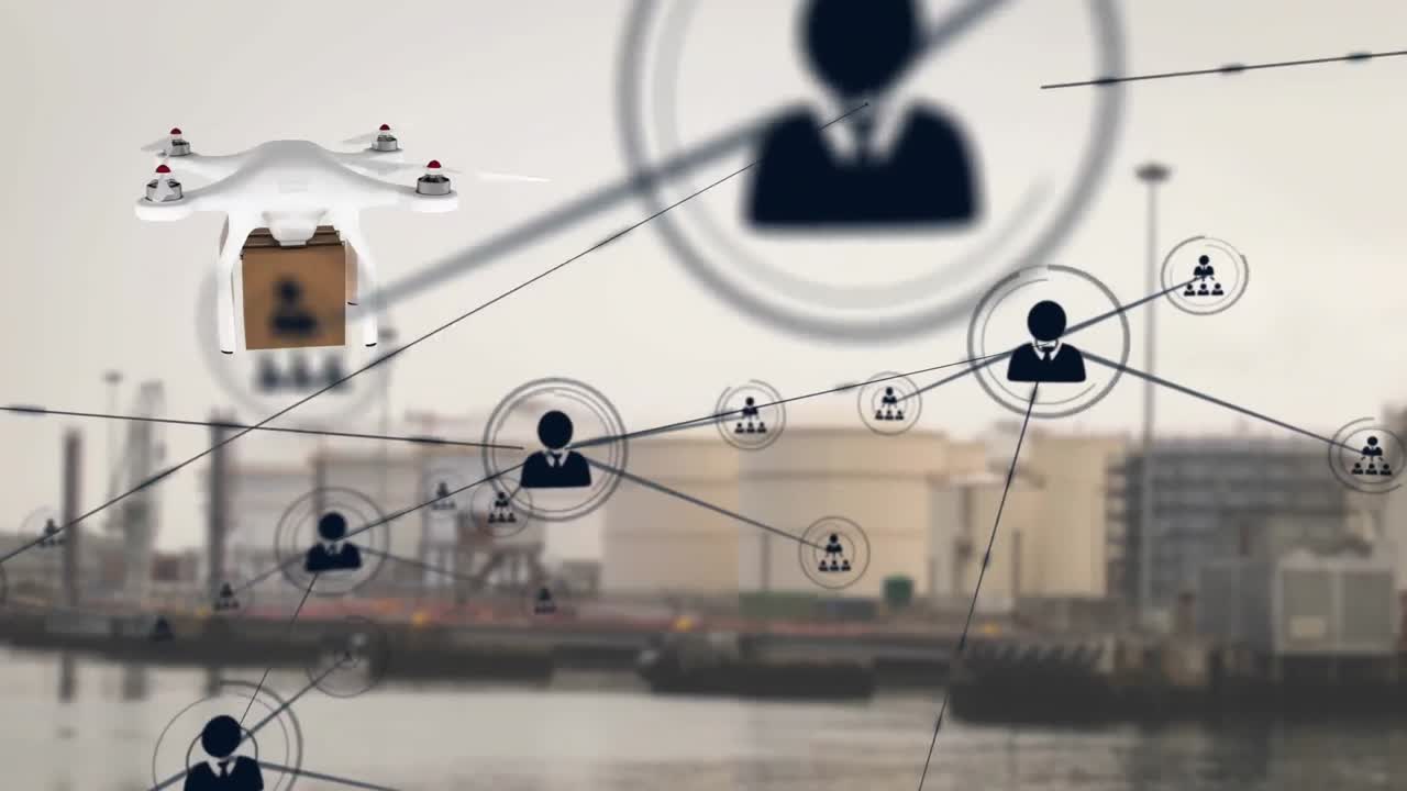 배경에서 항구에 대해 배달 상자를 운반하는 드론에 대한 프로필 아이콘의 네트워크