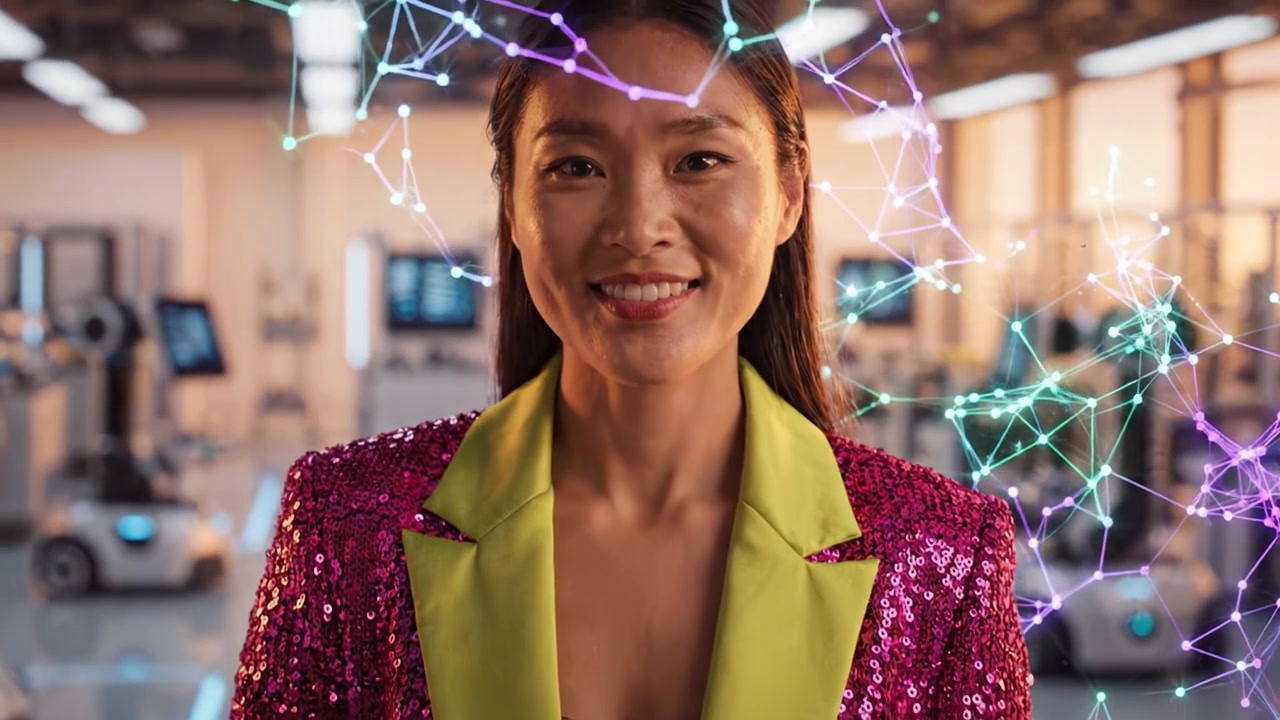 A confident individual in a sparkling pink blazer engages with technology in a modern environment, showcasing innovation and creativity through their vibrant presence.