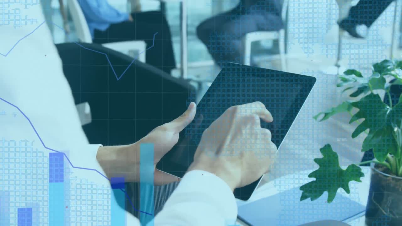 Animation of financial data processing over businessman using tablet