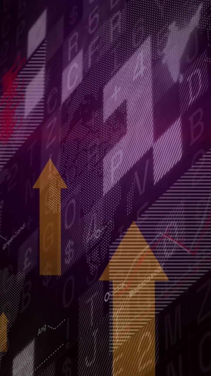 Animation of arrows and financial data processing over black background