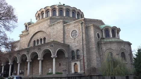 Low-angle-shot-of-Seven-Saints-Church-or-the-Sveti-Sedmochislenitsi-Church-in-the-capital-of-Bulgaria,-Sofia-during-evening-time