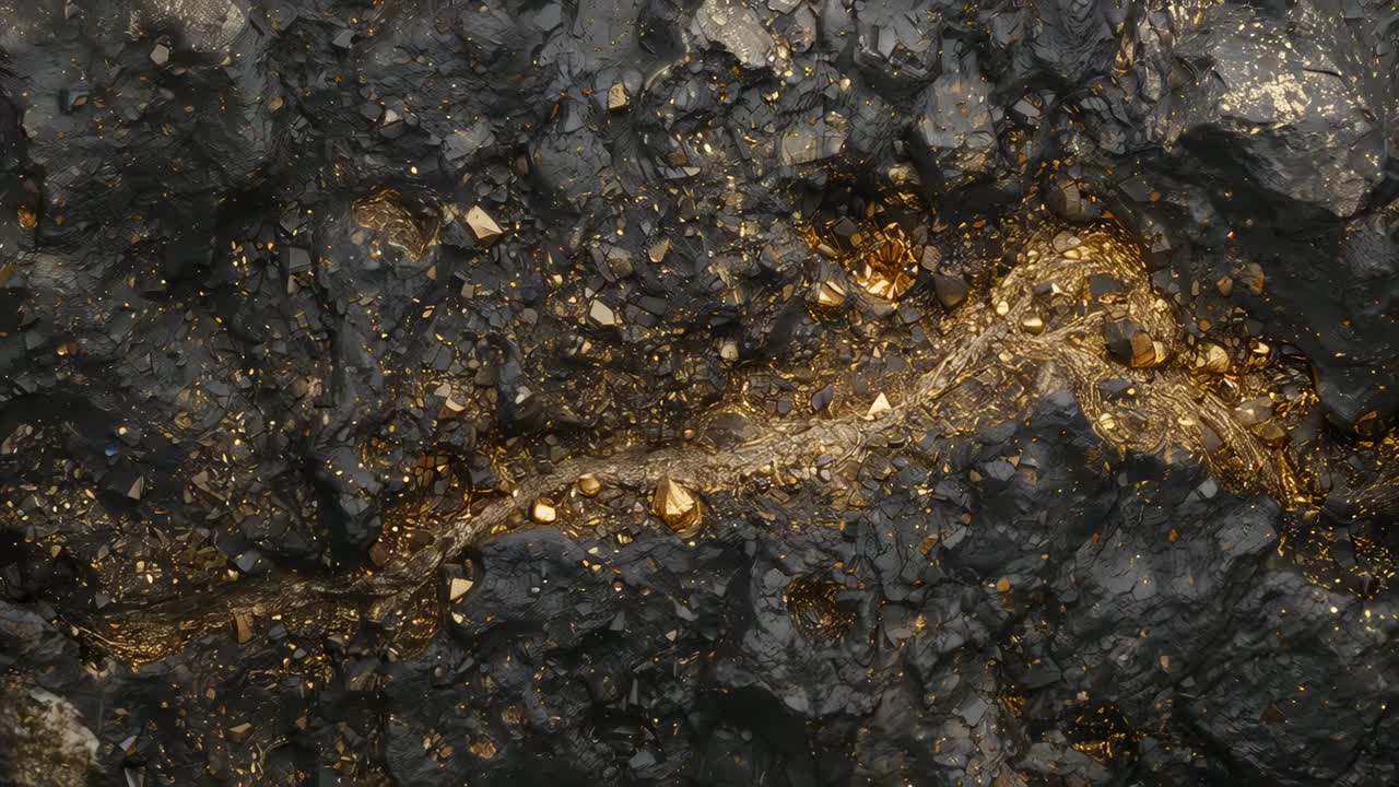 Panning camera revealing sinuous gold vein in rock at mine, exposing gold flakes and nuggets
