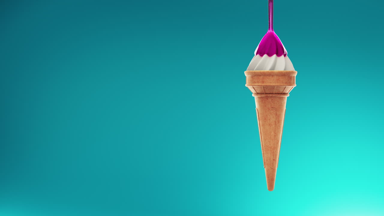 jarabe vertiendo en el helado sobre fondo azul