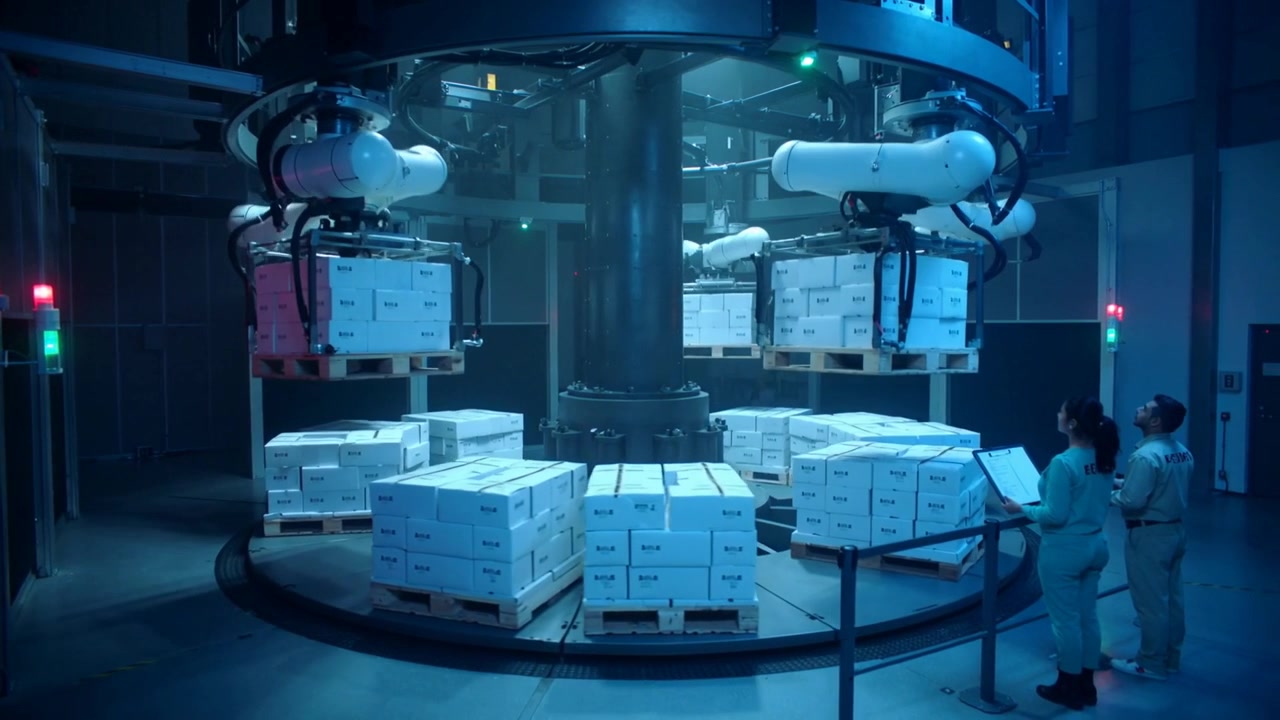 At cycle robot arms palletizing boxes rotating carousel at plant techs coveralls watching clipboard