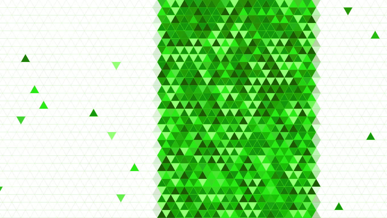 Vertical central band of green and lime triangles on a white background with scattered geometric elements and faint grid lines. Loop animation. Copy space