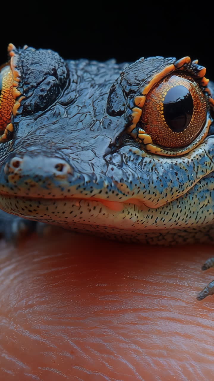 A small turtle is on a person's hand. The turtle has a black and orange shell and is looking up at the camera