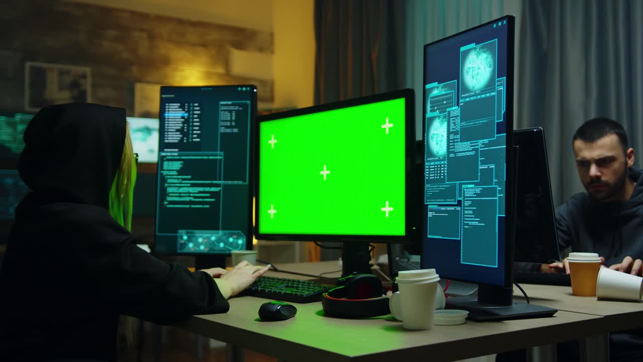 Hacker girl wearing a black hoodie in front of computer