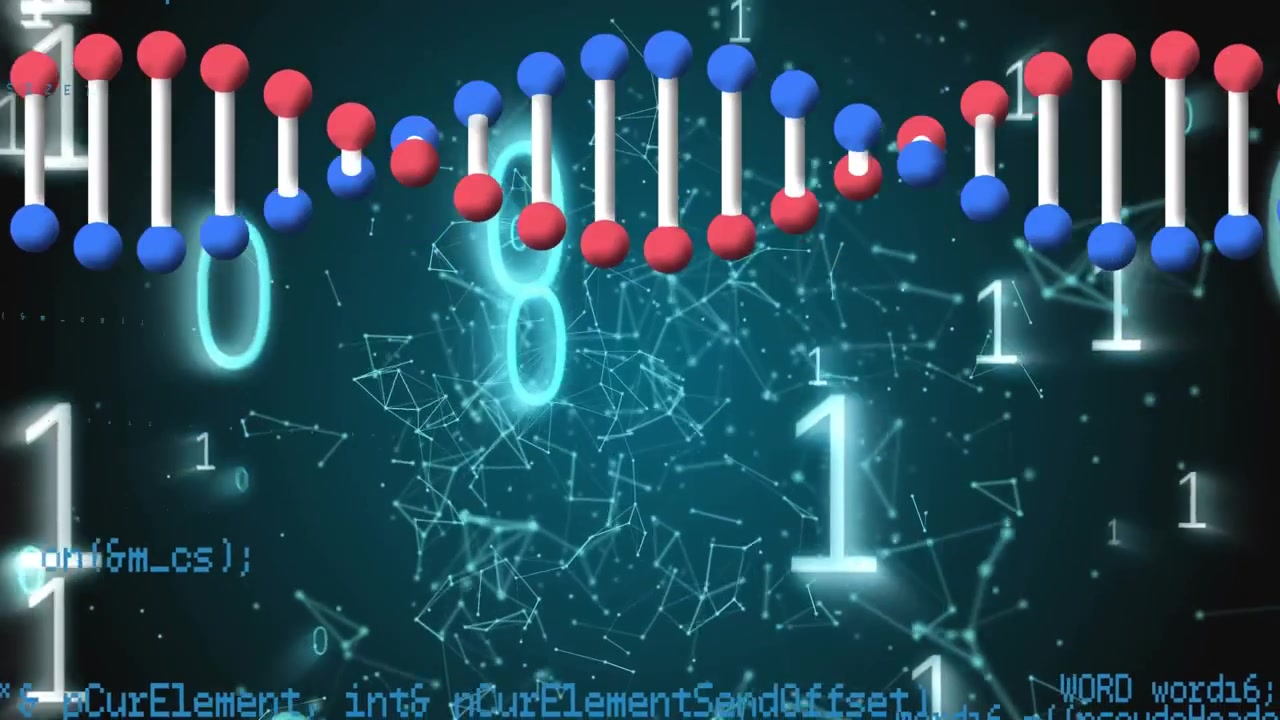 데이터 처리 과정 위에 있는 DNA 가닥의 애니메이션