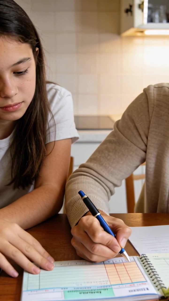 Vertical video: Pointing at line, mom writing ledger with blue pen, teaching white tee kid at table