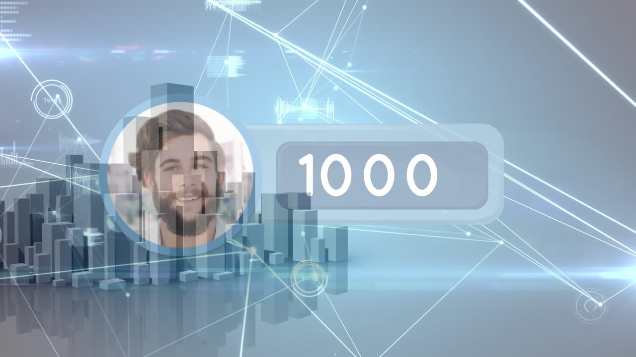 사무실 건물 위의 소셜 미디어 반응과 연결 네트워크의 애니메이션