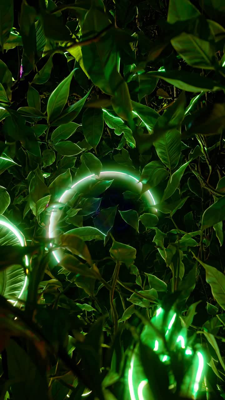 Aerial view of neon lights intertwined with lush green leaves, creating a vibrant, futuristic jungle