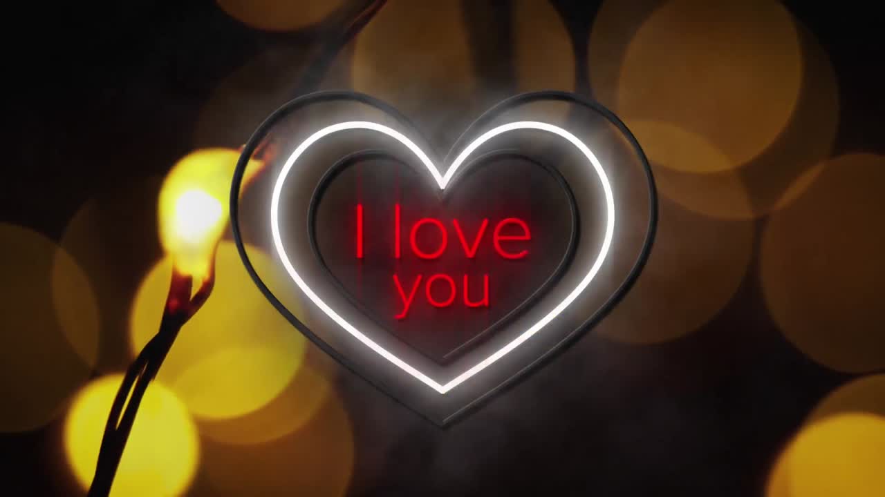 bokeh 노란색 불빛으로  ⁇ 박이는 노란색 네온 하트와 함께 빨간색으로 당신을 사랑합니다