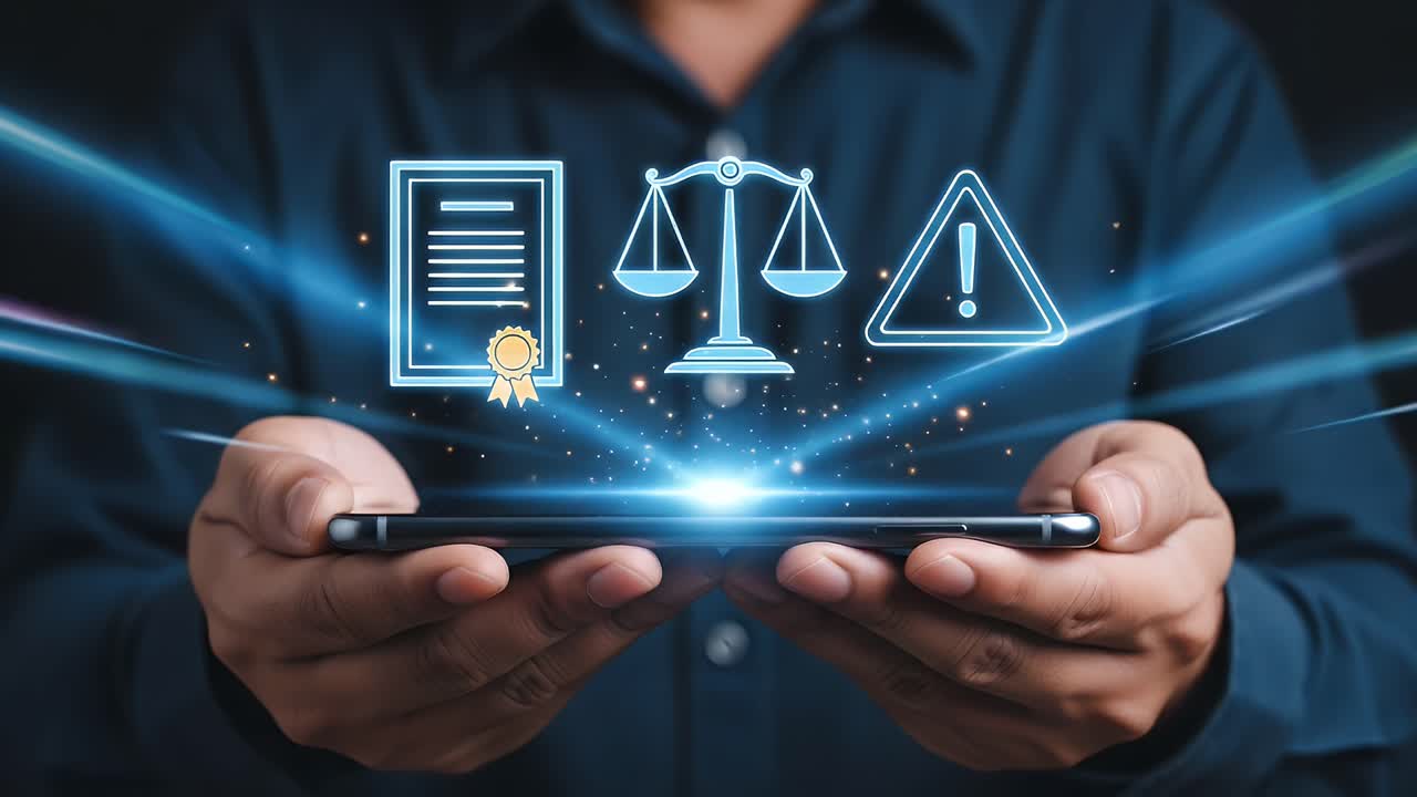 A person is holding a tablet with a blue screen that has a certificate, a scale