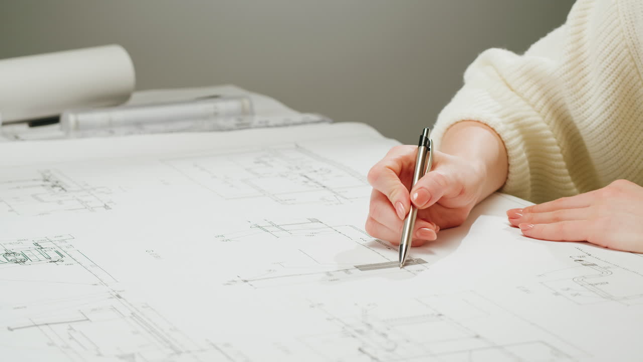 Hands working on architectural or engineering blueprints with a pen