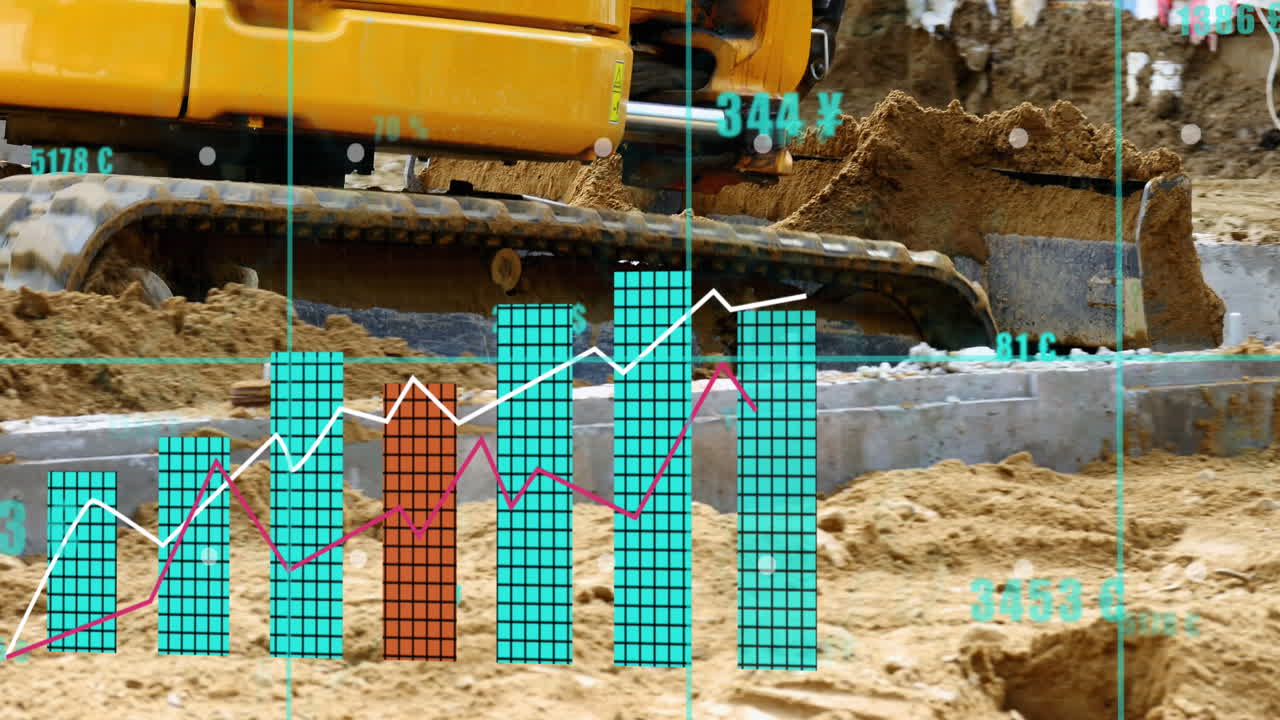 Animation of multiple graphs with changing numbers and currency symbols over backhoe loader truck