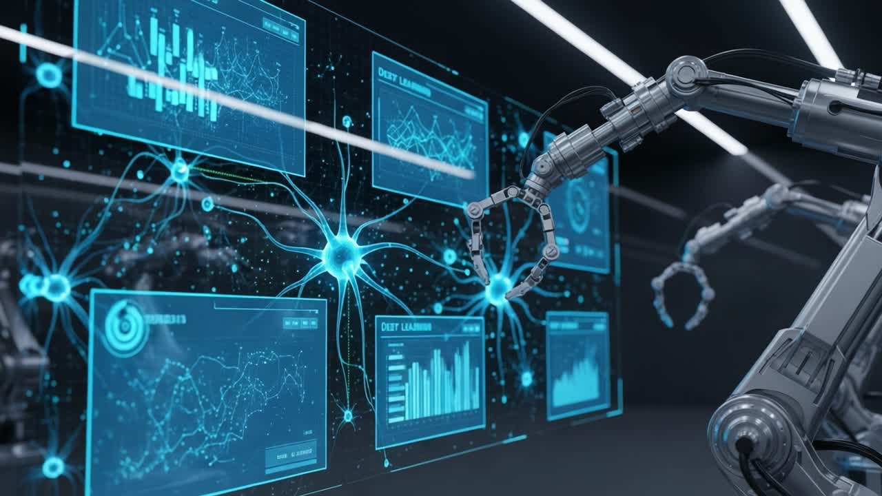 Advanced Robotic Interfaces Analyzing Data in a High-Tech Environment, Featuring Interactive Displays and Dynamic Graphical Representations of Machine Learning Insights