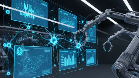 advanced robotic interfaces analyzing data in a high-tech environment, featuring interactive displays and dynamic graphical representations of machine learning insights