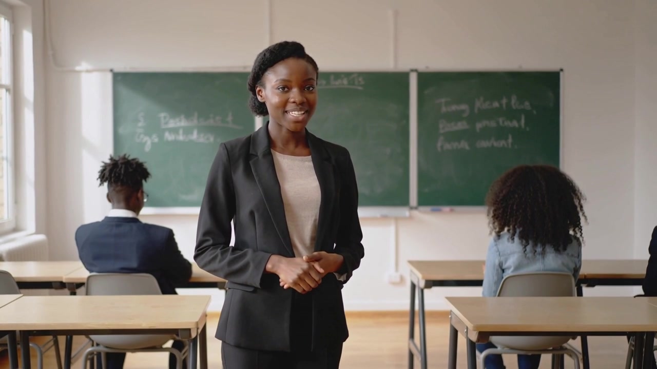 Starting class teacher in blazer gesturing, asking questions at front with chalkboard and desks