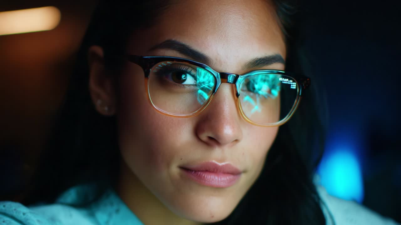 A captivating close-up of a woman wearing glasses, deeply focused on digital data reflected in her lenses, showcasing the intersection of human intelligence and technology in the modern digital age