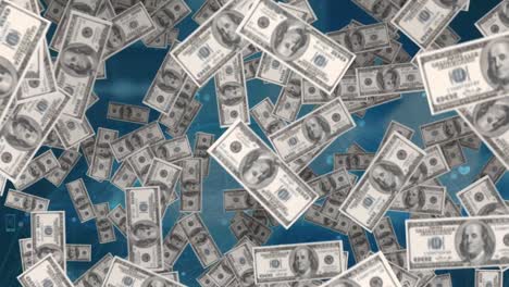 Animation-of-banknotes-falling-over-blue-background