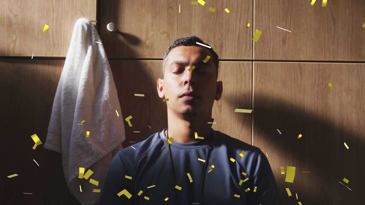 변기실에서 축구 선수 위에 떨어지는 콘페티의 애니메이션