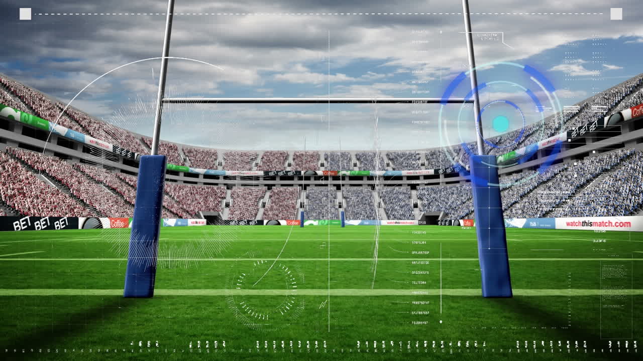 animación del escáner y procesamiento de datos sobre los postes de la portería de rugby en el campo en el estadio