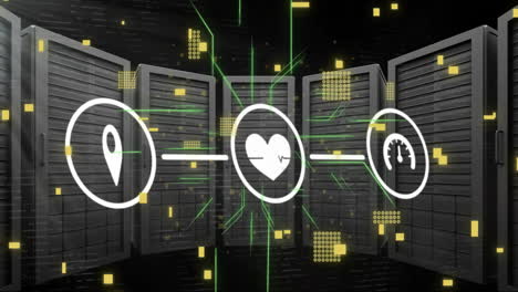 Animation-of-network-of-connections-with-icons-and-computer-circuit-board-over-servers