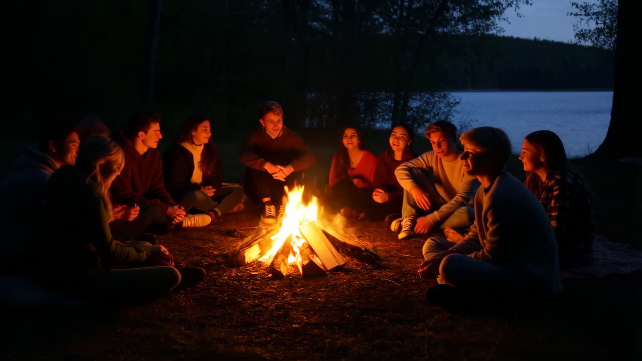 Friends gathered around a bonfire at night by a lake