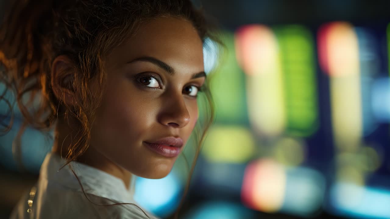 A close-up portrait of a captivating young woman with expressive eyes, set against a vibrant backdrop of colorful monitors, illustrating a moment of concentration and intrigue in a high-tech environment
