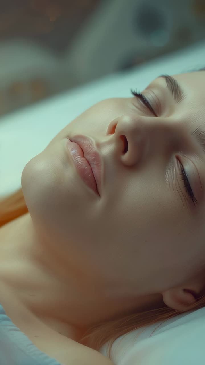 Vertical video: Lying woman showing eyelids lifting and blinking on bed during reflex, with pillow